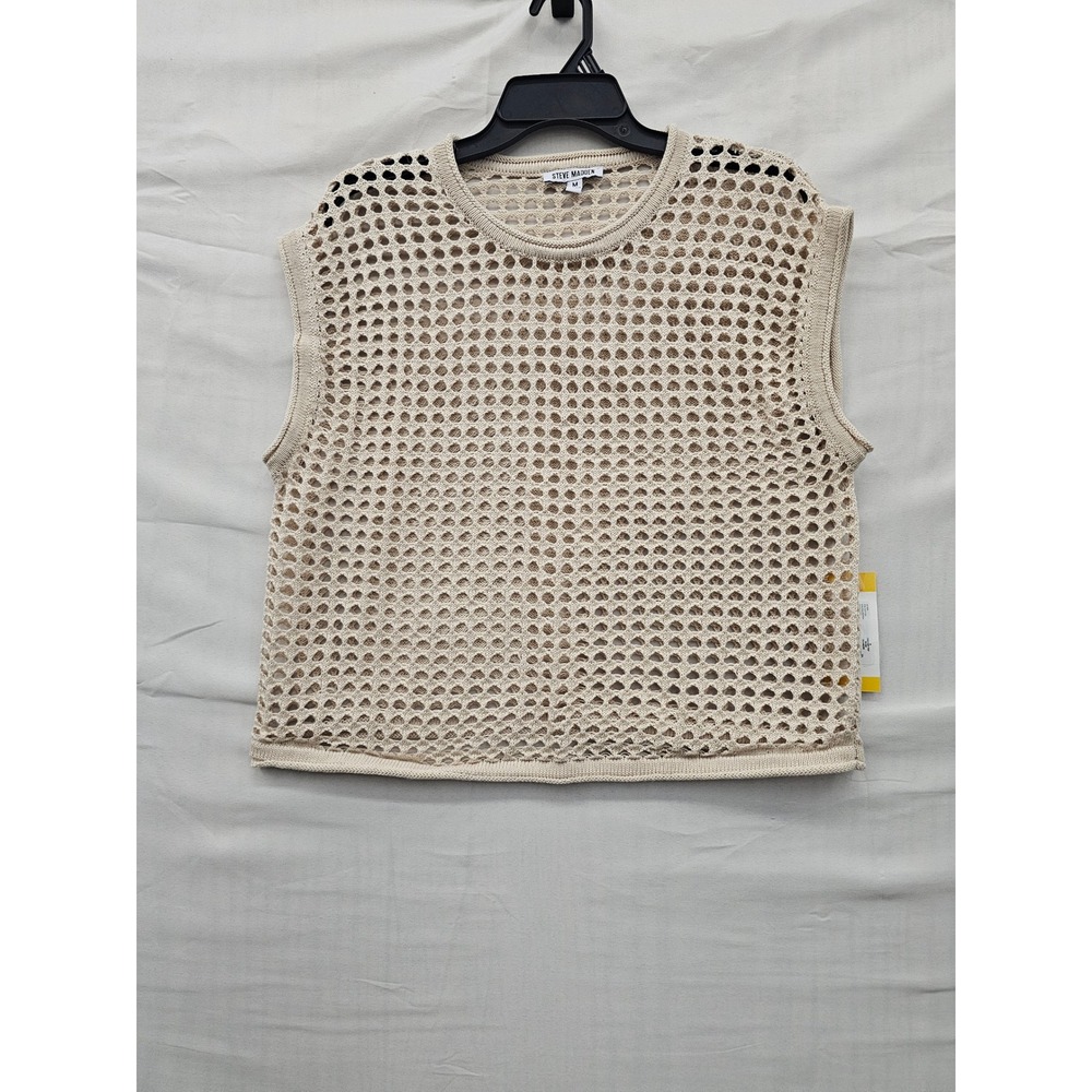 Steve Madden Womens Crochet Pullover‎ Top Beige Cotton Blend Casual Size Medium
